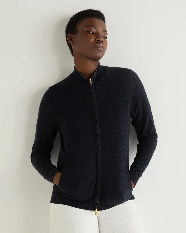Women's Alisa Full Zip Cashmere Cardigan Navy Blue Chenille Brocade Lace