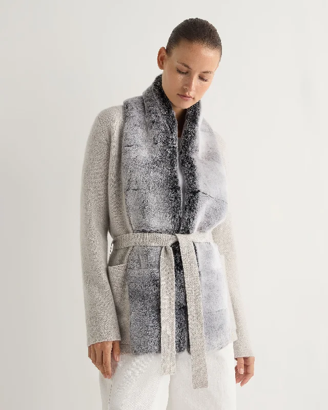 Women's Ruby Herringbone Fur Cardigan Frost White Ribbed Striped Patterned