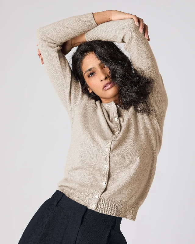 Women's Olivia Round Neck Cashmere Cardigan Oatmeal Brown Lightweight Heavyweight Midweight