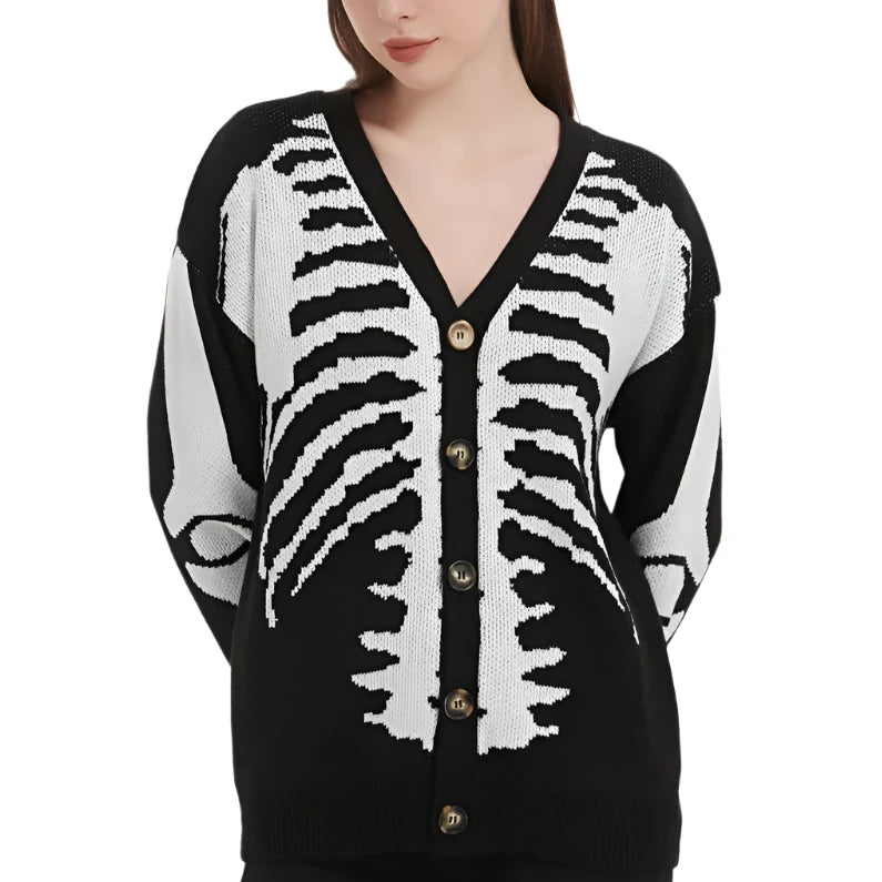 Women's Skeleton Print Cardigan: A fun rib cage print design, sizes up to 3XL Plaid Cardigan Polka Dot Checkered