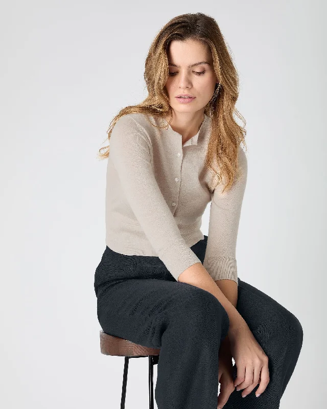 Women's Darcie Superfine Cashmere Cropped Cardigan Sandstone Brown Collared Crew Neck Turtle Neck