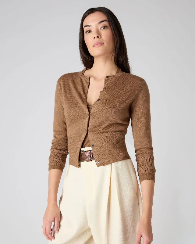 Women's Darcie Superfine Cashmere Cropped Cardigan Dark Camel Brown Fitted Slim Tailored Women's Darcie Superfine Cashmere Cropped Cardigan Dark Camel Brown Fitted Slim Tailored