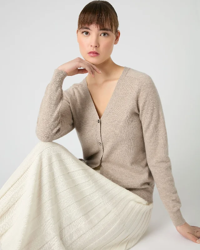 Women's Lara V Neck Cashmere Cardigan Oatmeal Brown Solid Print Embellished