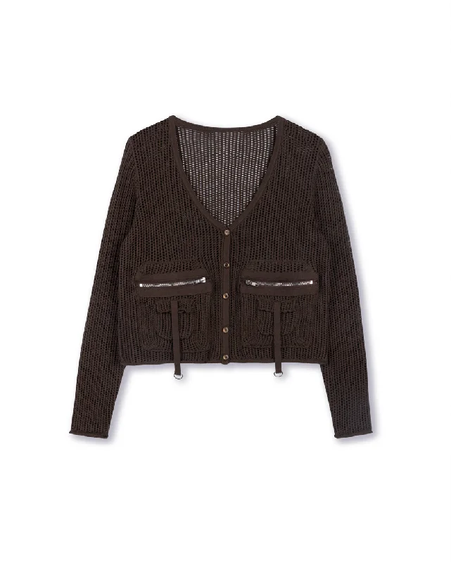 Zipper Pocket Detailed Pointelle Cardigan Polka Dot Checkered Tartan