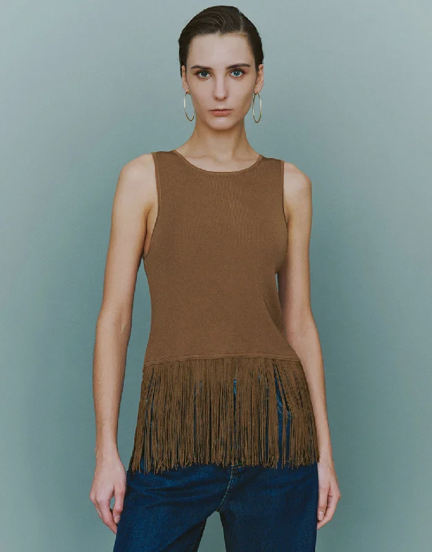 Crew Neck Knitted Tank Top With Tassel pastel tank top