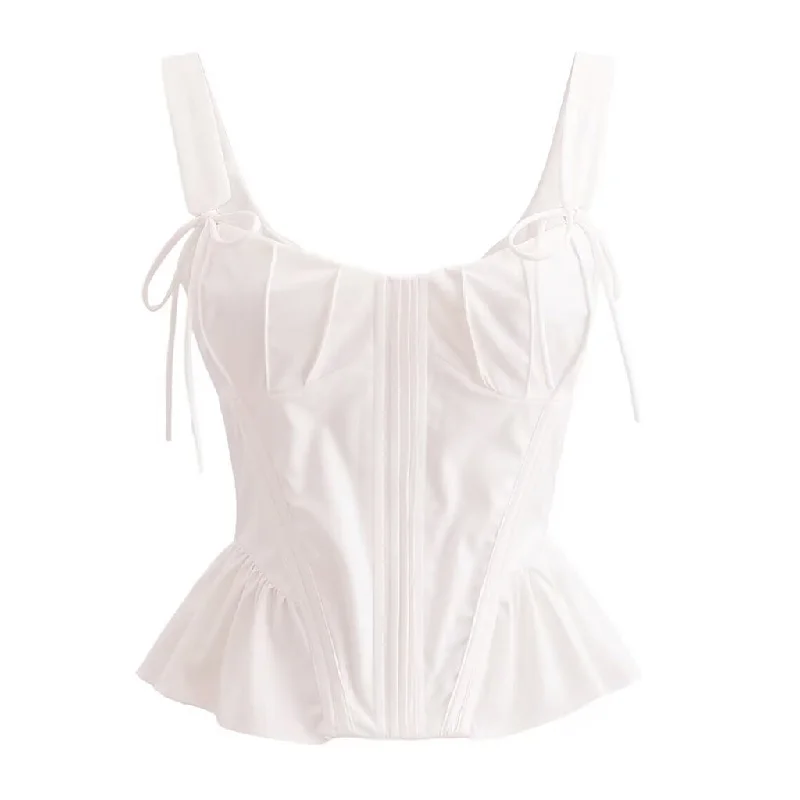 Feminine Bow Tie Suspender Strap Ruffled Peplum Corset Crop Tank Top yoga tank top