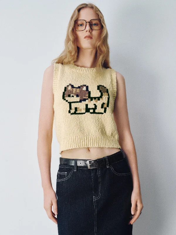 Pixel Cat Printed Knitted Tank Top summer tank top