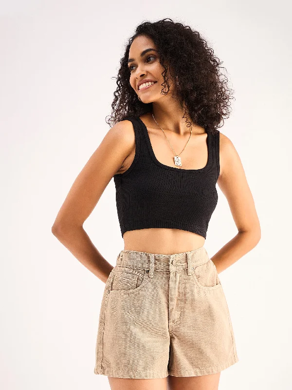 Women Black Rib Square Neck Cropped Tank Top low neck tank