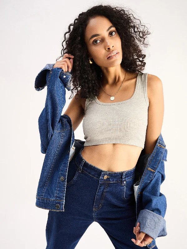 Women Grey Rib Square Neck Cropped Tank Top tie dye tank