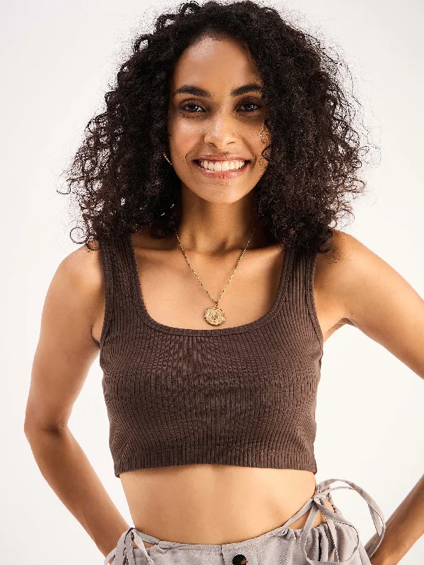 Women Brown Rib Square Neck Cropped Tank Top graphic tank top