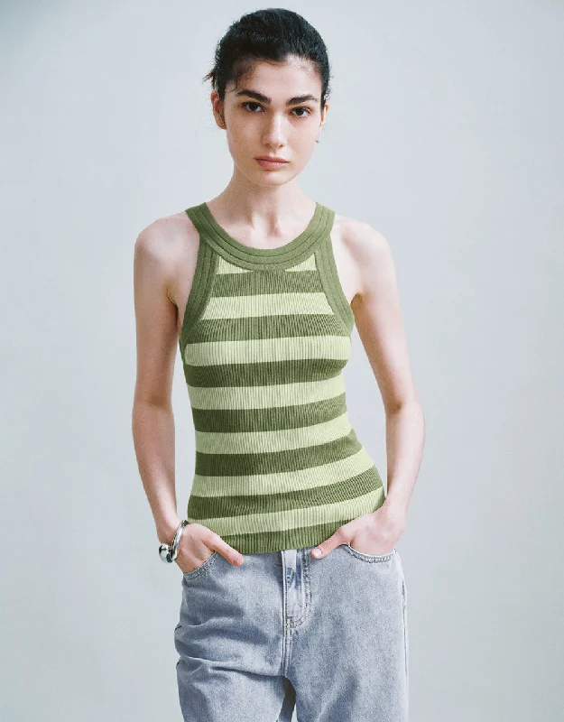 Striped Crew Neck Knitted Tank Top turquoise tank top