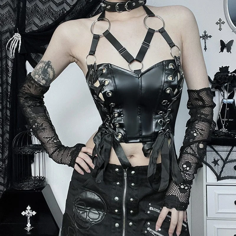 Women's Punk Lace-up Faux Leather Tank Top workout tank top